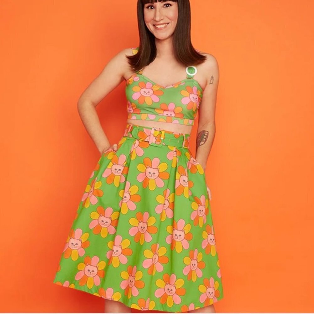 ModCloth Marisol Miro Properly A-line Skirt Flower Kitty Cat